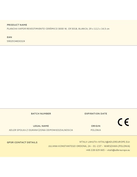 Plancha de vapor cr 5018, revestimiento cerámico, 3000 w