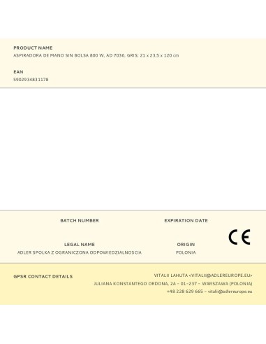 Aspiradora escoba ad 7036 con cable, sin bolsa,...