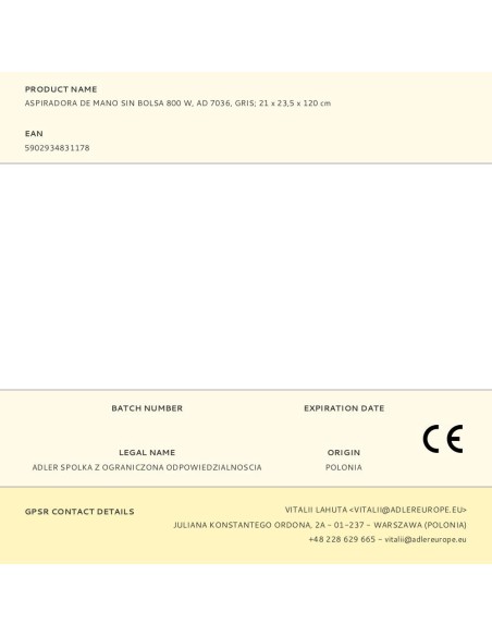 Aspiradora escoba ad 7036 con cable, sin bolsa, 800 w