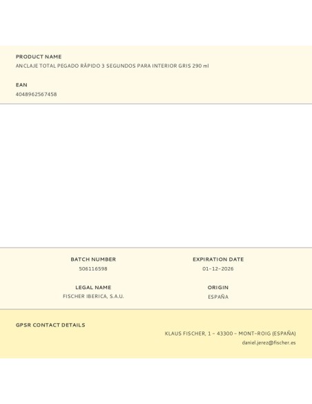 Anclaje total pegado rápido 3 segundos para interior/exterior, gris, 290 ml