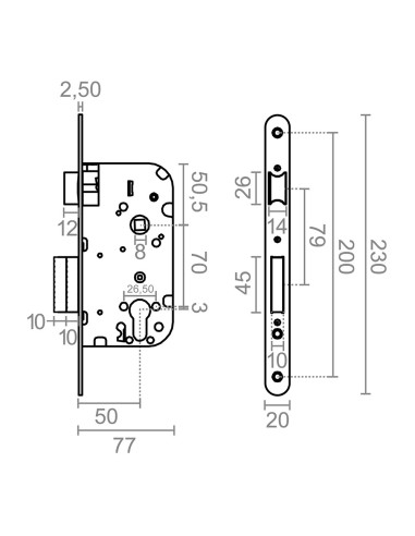 Cerradura embutir c/r cre05 50/70 mm níquel...