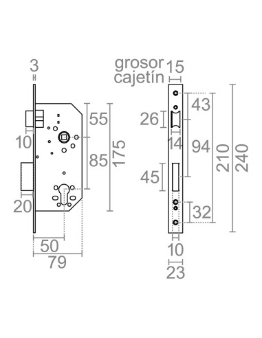 Cerradura embutir c/c cre12 50/85 mm latonado