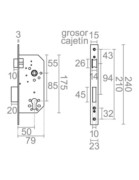 Cerradura embutir c/c cre12 50/85 mm níquel satinado