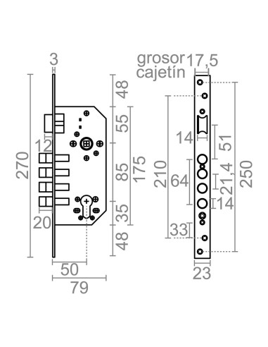 Cerradura embutir c/c cre13 50/85 mm latonado