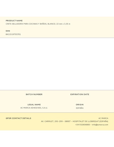 Cinta selladora para cocinas y baños, blanco, 22 mm x 3,35 m