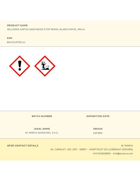 Sellador juntas sanitarios stop moho, blanco mate, 290 ml