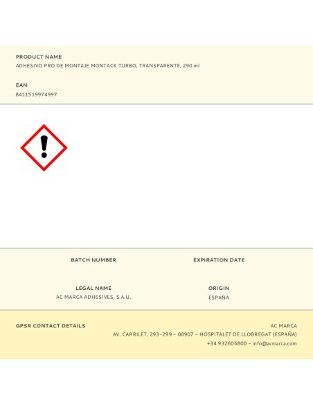 Adhesivo pro de montaje montack turbo transparente 290 ml