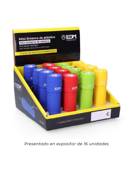 Mini linterna de plástico led cob 60lm 3xaaa (pilas incluidas) colores surtidos