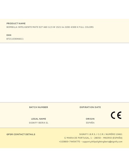 Bombilla inteligente mate e27, 12,5 w, 1521 lm, 2200-6500 k, a todo color
