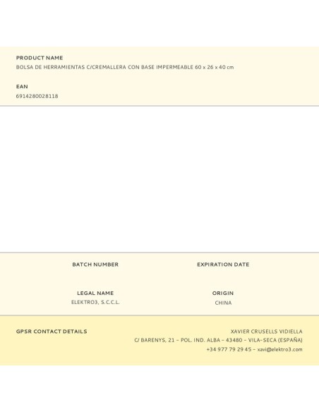 Bolsa de herramientas con cremallera con base impermeable 60 x 26 x 40 cm