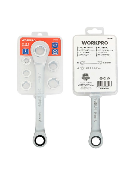 Llave de estrella cr-v doble con carraca, 6 bocas intercambiables, 14 x 19 mm, 7 piezas