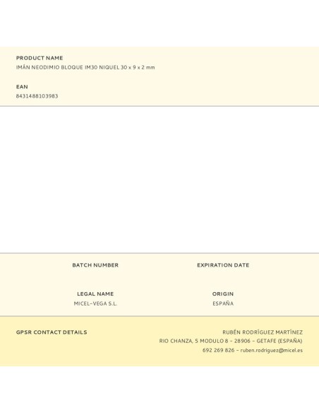 Imán neodimio bloque im30 níquel 30 x 9 x 2 mm