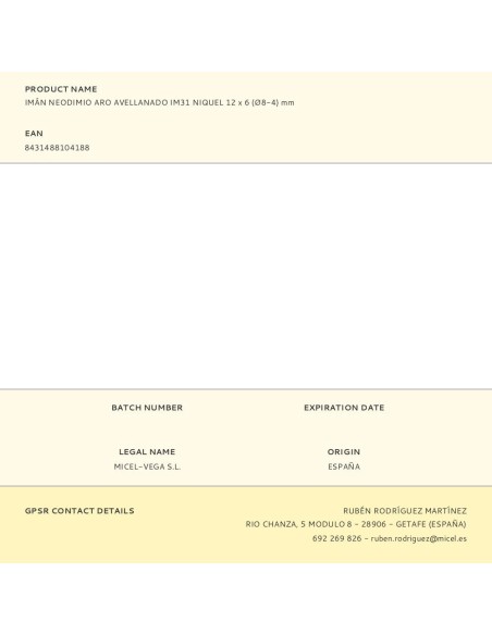 Imán neodimio aro avellanado im31 níquel 12 x 6 (ø8-4) mm