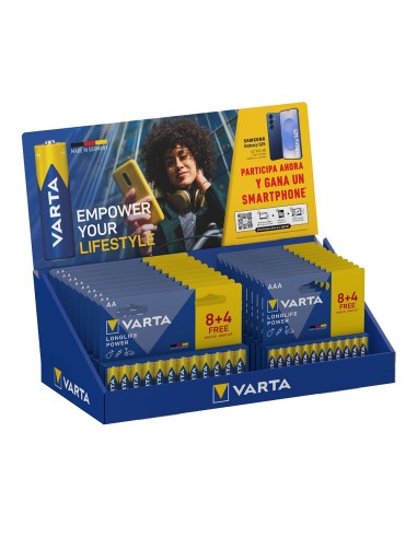 Expositor carton sobremesa varta longlife power, 21 blisters 8+4, 12 aaa + 9 aa