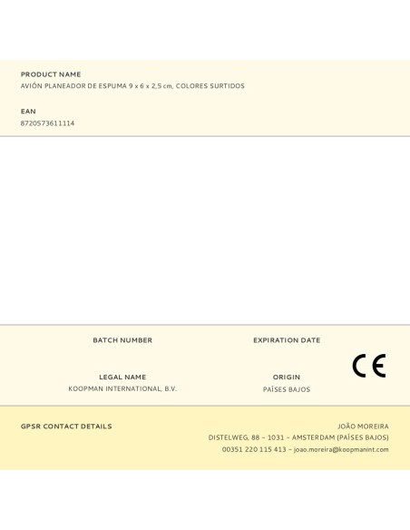 Avión planeador de espuma 9 x 6 x 2,5 cm colores surtidos, 5 uds