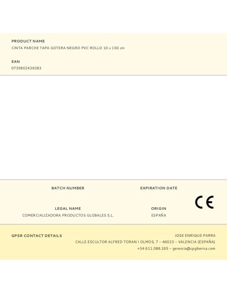 Cinta parche tapa gotera negro pvc rollo 10 x 150 cm