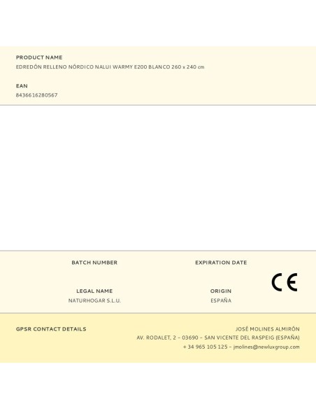 Edredón relleno nórdico nalui warmy e200 blanco 260 x 240 cm