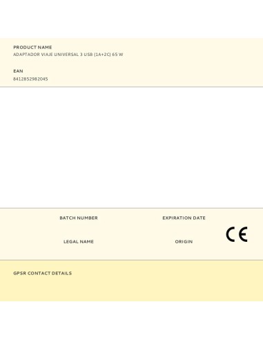 Adaptador viaje universal + 3 usb (1a+2c) 65 w