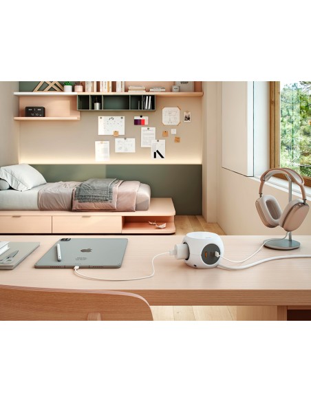 Base múltiple combiball con 3 tomas schuko 16 a + 1 usb a + 2 usb c, 30 w, blanca