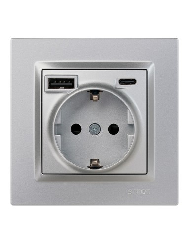 Base enchufe schuko + usb a + c 10,5 w 16 a 250 v~, simon 10, aluminio