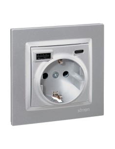 Base enchufe schuko + usb a + c 10,5 w 16 a 250 v~, simon 10, aluminio 2