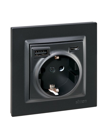 Base enchufe schuko + usb a + c 10,5 w 16 a 250 v~, simon 10, negro