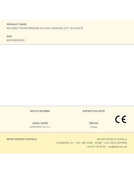 Recambio transformador aplique cuadrado 3cct 18 w 32578