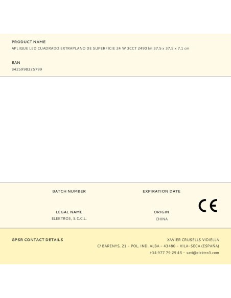 Aplique led cuadrado extraplano de superficie 24 w 3cct 2490 lm 37 x 37 x 6,7 cm