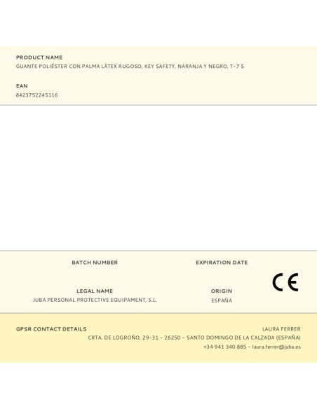 Guante poliéster con palma látex rugoso, keep safe, naranja y negro, t-7 s