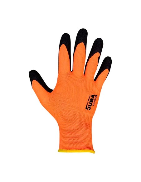 Guante poliéster con palma látex rugoso, keep safe, naranja y negro, t-8 m