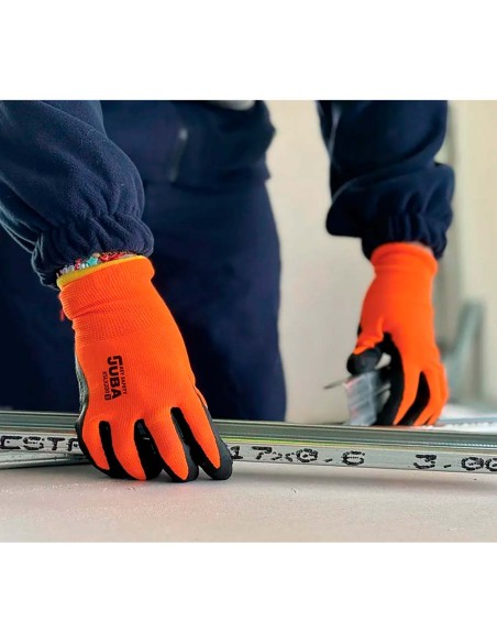 Guante poliéster con palma látex rugoso, keep safe, naranja y negro, t-9 l