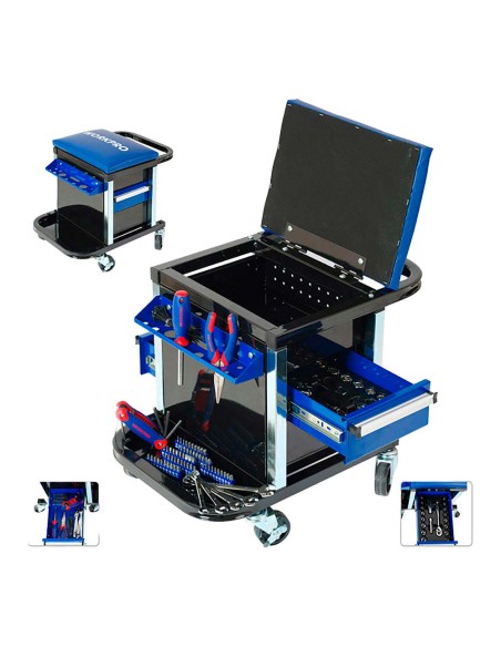 Asiento rodante + herramientas, 136 piezas, (métrico-sae)