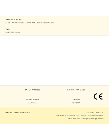 Lámpara halógena lineal r7s, 1000 w, 189 mm