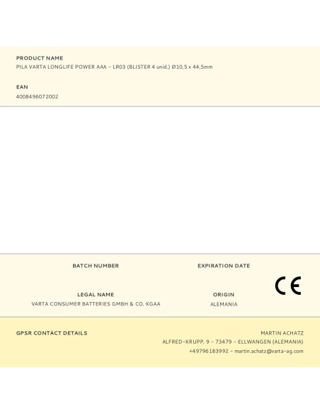 Pila alikalina longlife power aaa - lr03, blister 6 uds, ø10,5 x 44,5 mm