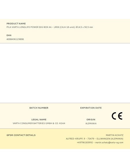 Pila alkalina longlife power big box aa - lr06 (caja 18 uds) ø14,5 x 50,5 mm