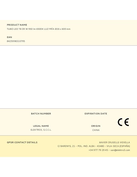 Tubo led t8, 09 w, 990 lm, 6500 k, luz fría, ø26 x 600 mm