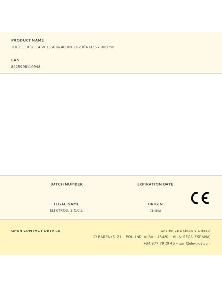 Tubo led t8, 14 w, 1550 lm, 4000 k, luz día, ø26 x 900 mm