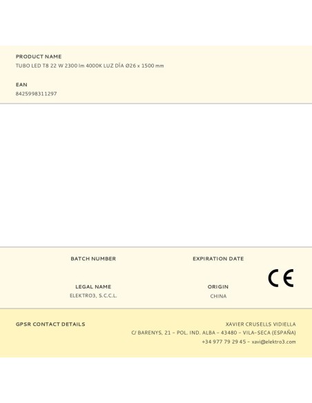 Tubo led t8, 22 w, 2480 lm, 4000 k, luz día, ø26 x 1500 mm