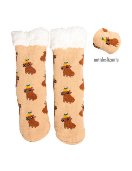 Calcetines capibara estampados antideslizantes con forro de borreguito suave, talla 36 - 41