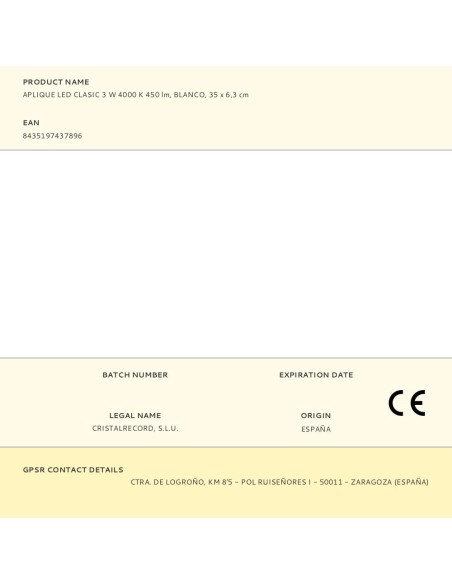 Aplique led classic, 3 w, 4000 k, 450 lm, blanco, 35 x 6,3 cm