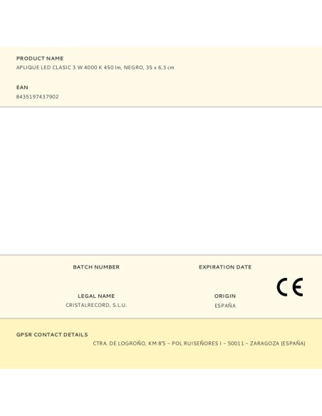 Aplique led classic, 3 w, 4000 k, 450 lm, negro, 35 x 6,3 cm