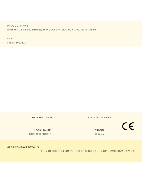 Lámpara de pie led dencel, 24 w, 3cct, dimmable, 2200 lm, negra, ø25 x 175 cm