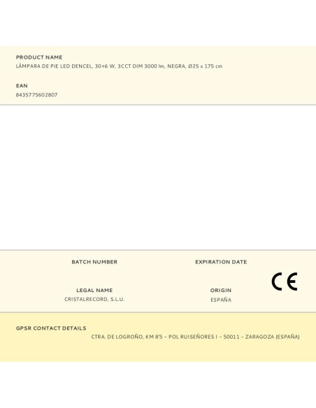 Lámpara de pie led dencel, 30+6 w, 3cct, dimmable, 3000 lm, negra, ø25 x 175 cm