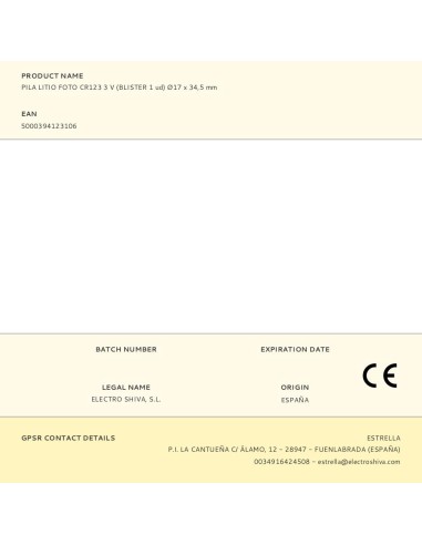 Pila litio cr123 3 v ø17 x 34,5 mm blister