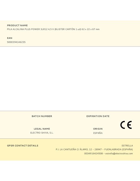 Pila petaca alcalina plus power 3lr12 4,5 v 62 x 22 x 67 mm blister