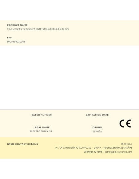 Pila litio cr2 3 v ø15,6 x 27 mm blister