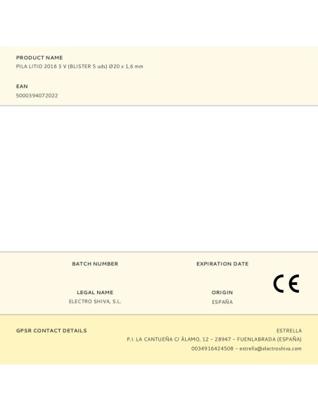 Micro pila de botón litio cr2016 3 v ø20 x 1,6 mm blister 5 uds