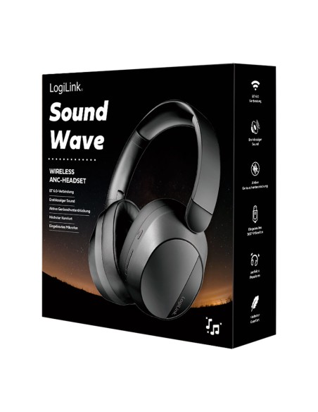 Auriculares plegables negros con bluetooth 6.0, cancelación activa del ruido y micrófono