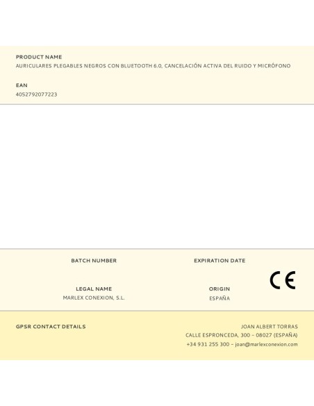 Auriculares plegables negros con bluetooth 6.0, cancelación activa del ruido y micrófono