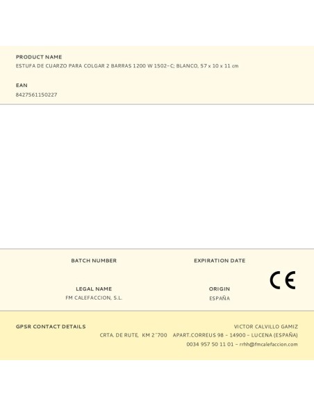 Estufa de cuarzo 1502-c, para colgar, 2 barras, 1200 w, blanco, 57 x 10 x 11 cm